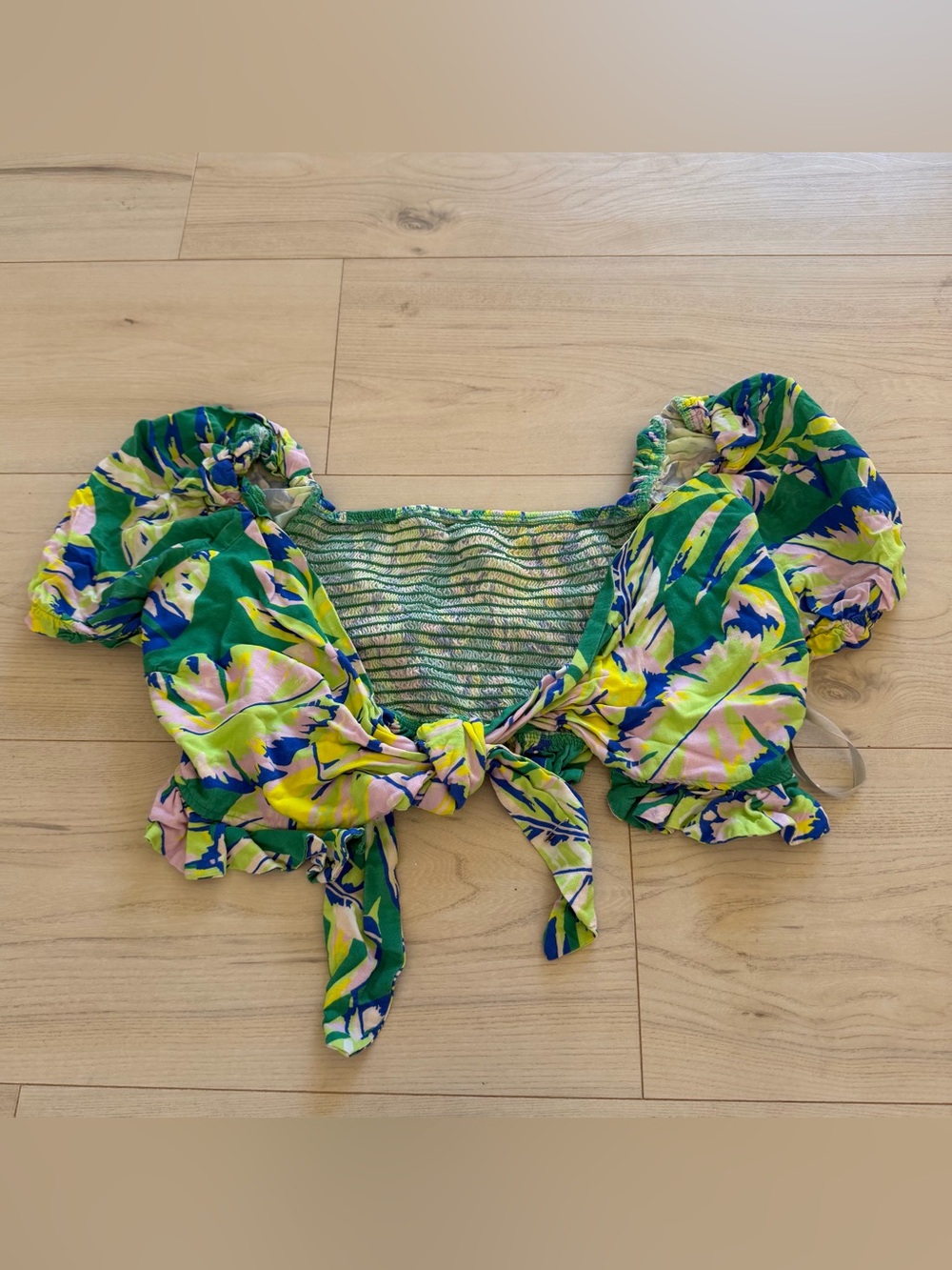Maaji Green Floral Puff-Sleeve Tie-Front Crop Top